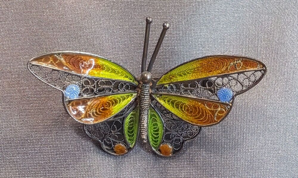 Vintage 800 Silver Enamel Filigree Butterfly Brooch Multicolor European